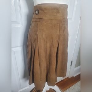 Caroll Brown Suede Knee Length Pleated Goat Suede Lined Skirt Detachable Belt